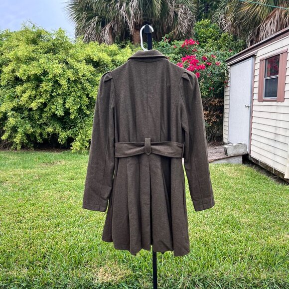 Ryu Green Ruffled Wool Blend Buckle Mid Length Trench Coat Size S - Picture 2 of 8